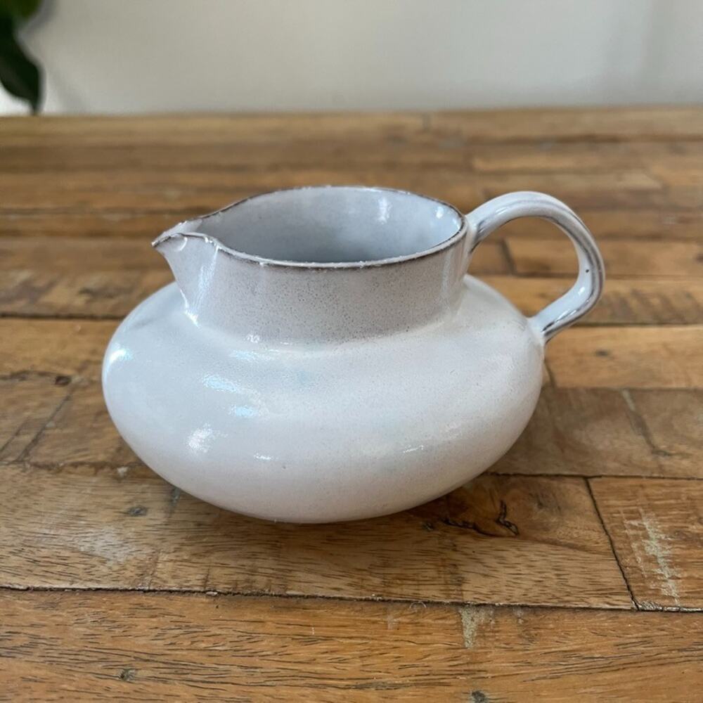 Small Ceramic Creamer Pitcher 3" Round Curved Handle Ivory Off-White